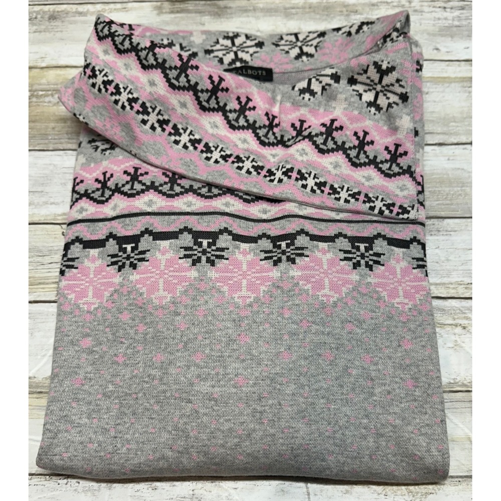 Talbots Women's Gray Pink Snowflake Fair Isle Cowl Neck Sweater Size Medium NWT